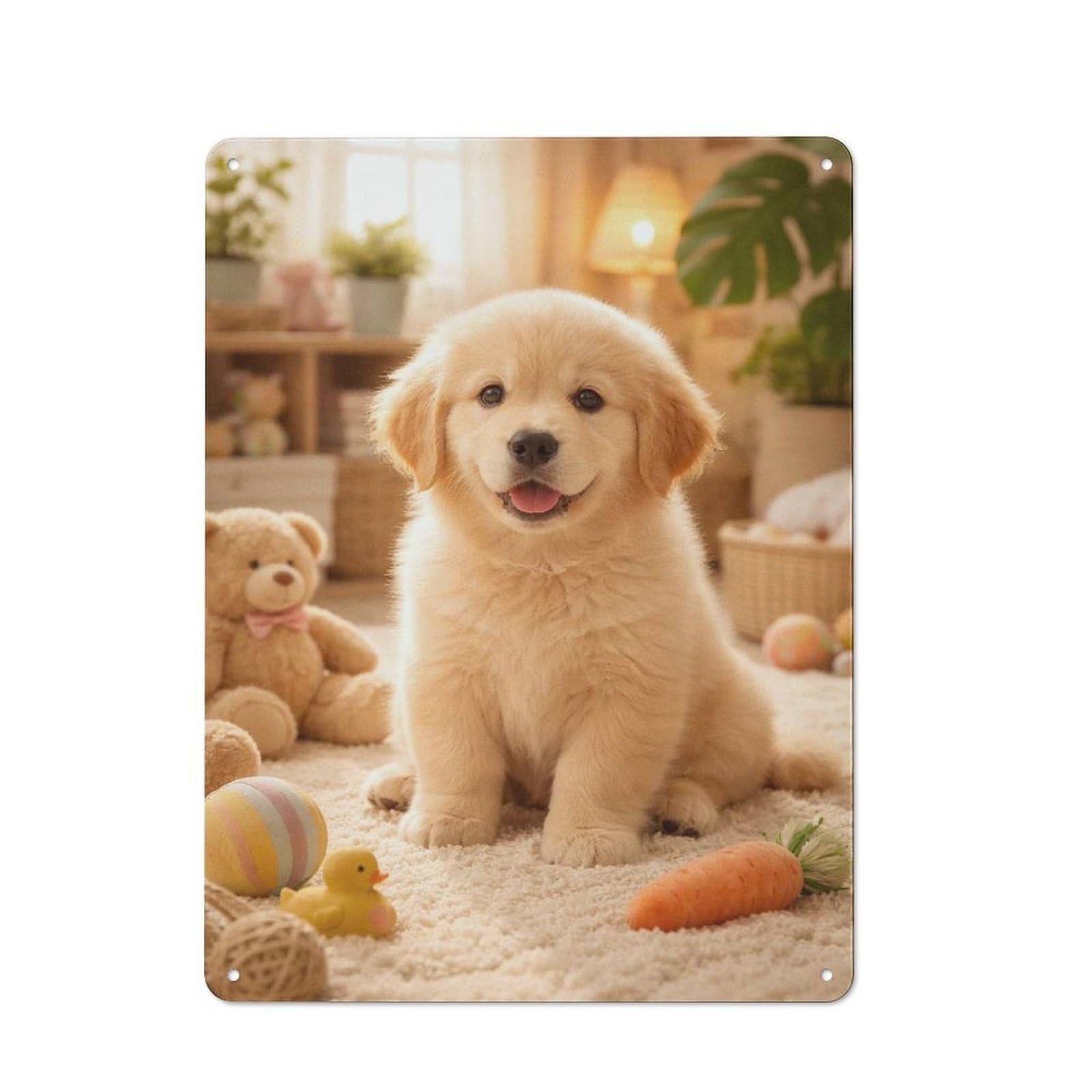 Golden Retriever Puppy with Toys Vintage Metal Wall Decor 40x30cm, Tin Sign for Cafe, Pub, Workshop Or Home Bar, Small Accent for Blank Walls