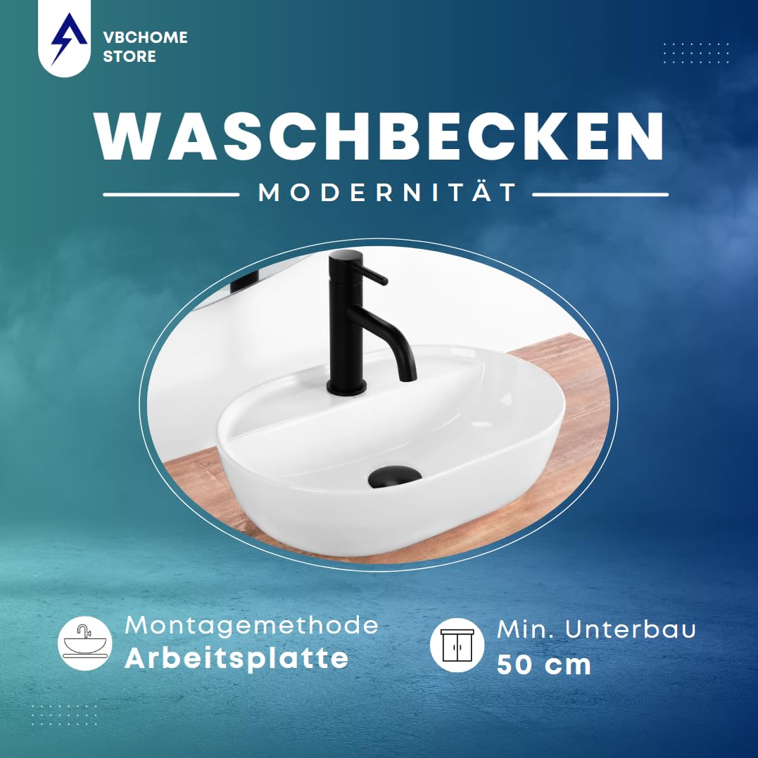 VBChome Lavabo 42 x 30 cm en céramique blanche ovale avec trou pour robinet, lavabo de pose, lavabo de salle de bain en céramique