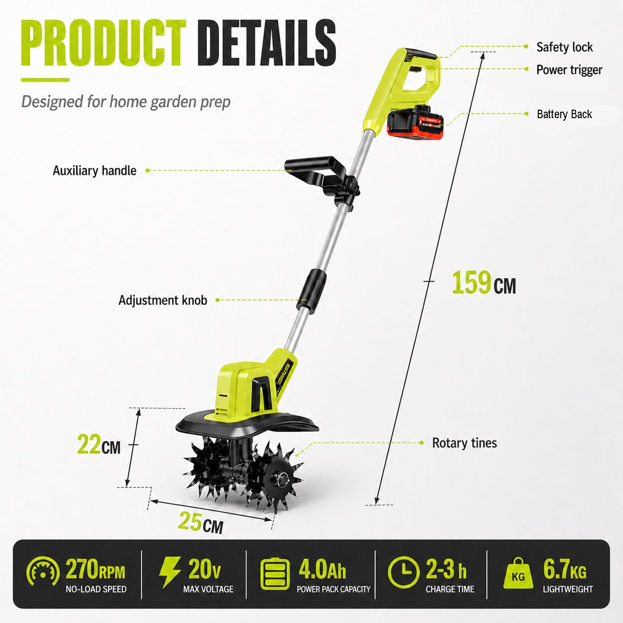 Cultivador Manual para Jardinería, Motoazada Eléctrica Inalámbrica con 4 Dientes de Acero, Ancho de 25 cm, Profundidad de 22 cm, Rotocultivador Ligero para Preparación y Aireación del Suelo