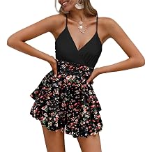Fixmatti Women Spaghetti Strap Romper V Neck Backless Ruffle Chiffon Shorts Jumpsuit Playsuit