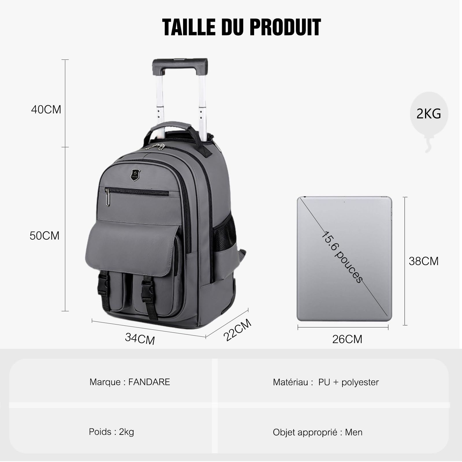 FANDARE Sacoche à roulettes pour 15.6 Pouces Ordinateur Portable Hommes Enseignant Mallettes avec roulement Rapide Sac voyage Trolley Sacs à dos urbain Rolling Laptop Bag Imperméable PU Film