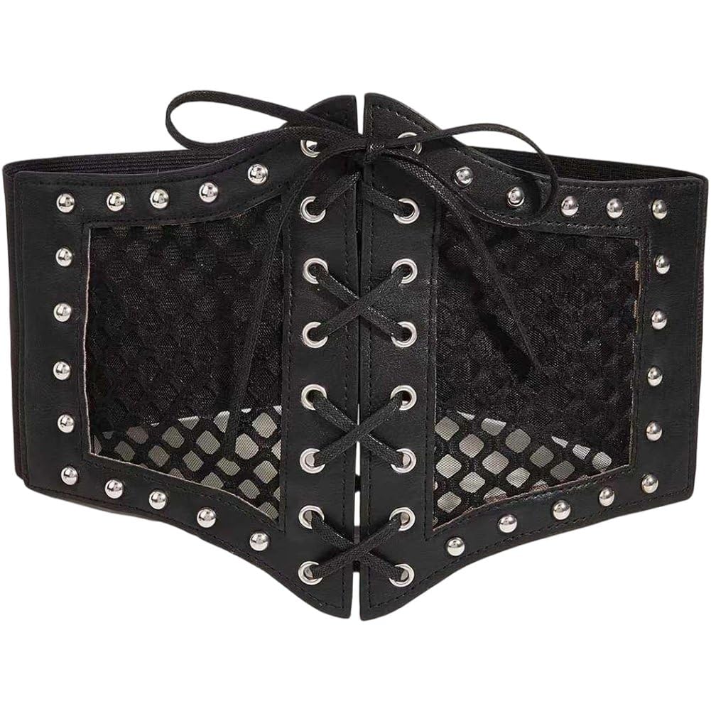 Fituenly Lace-up Corset Belt for Women, Elastic Punk Rivet Studded Wide Leather Belt, Tied Waspie Waist Belt for Theme Party Halloween