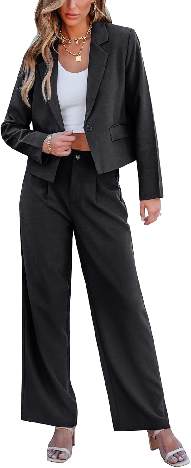 luvamia Suits for Women 2 Piece Sets Business Casual Outfits Dressy Cropped Blazer Wide Leg Pants Suit Office Work
