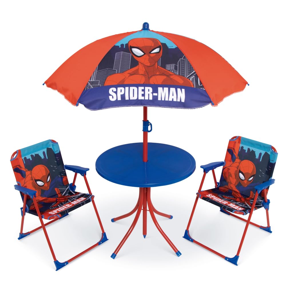 Set Giardino Bambini Spiderman Marvel con 2 Sedie Tavolino e Ombrellone Tavolo Mare Pieghevole Supereroe Sedie 35x38x52 cm Portata 30 kg Età 3+