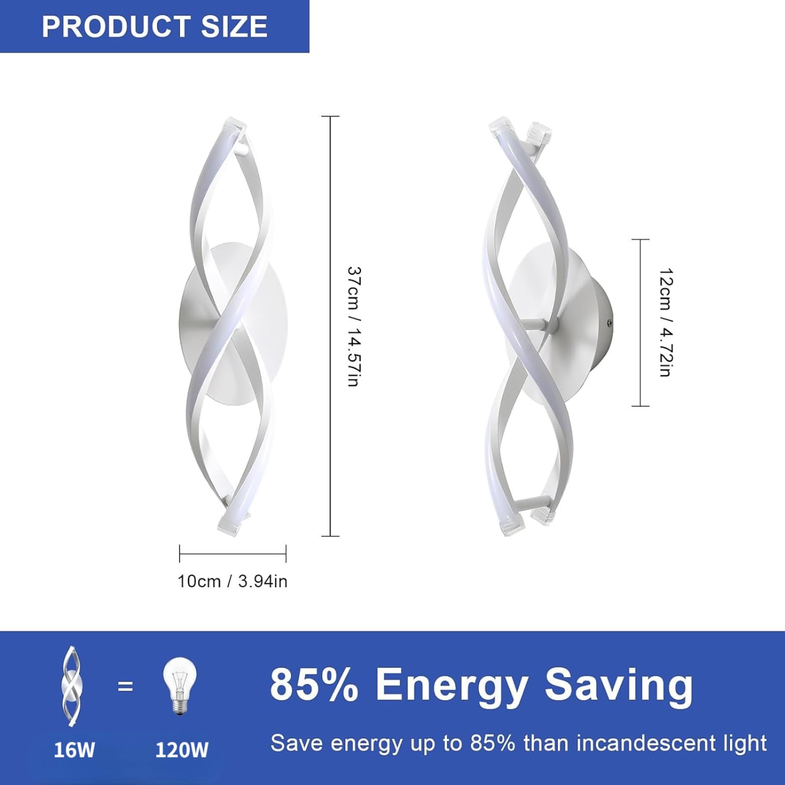 Comely Lámpara de Pared LED 16 W (~1800 lm) – Diseño Curvo Blanco-Plateado 6500 K – Iluminación Interior para Dormitorio, Salón, Pasillo o Escalera
