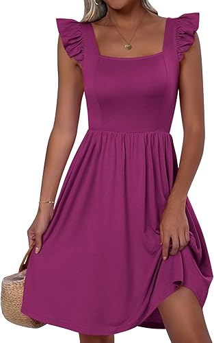 ANRABESS Vestido corto de verano para mujer, estilo casual, cuello cuadrado, sin mangas, acampanado, acampanado, corto, para playa