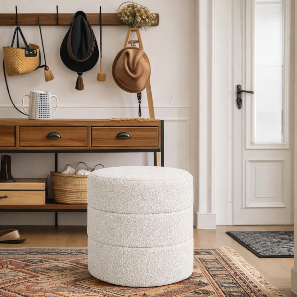 HomePop Upholstered Round Ottoman (No Lid, Seat Only) | HomePop Home Décor | Round Pouf Foot Rest – Cream Boucle