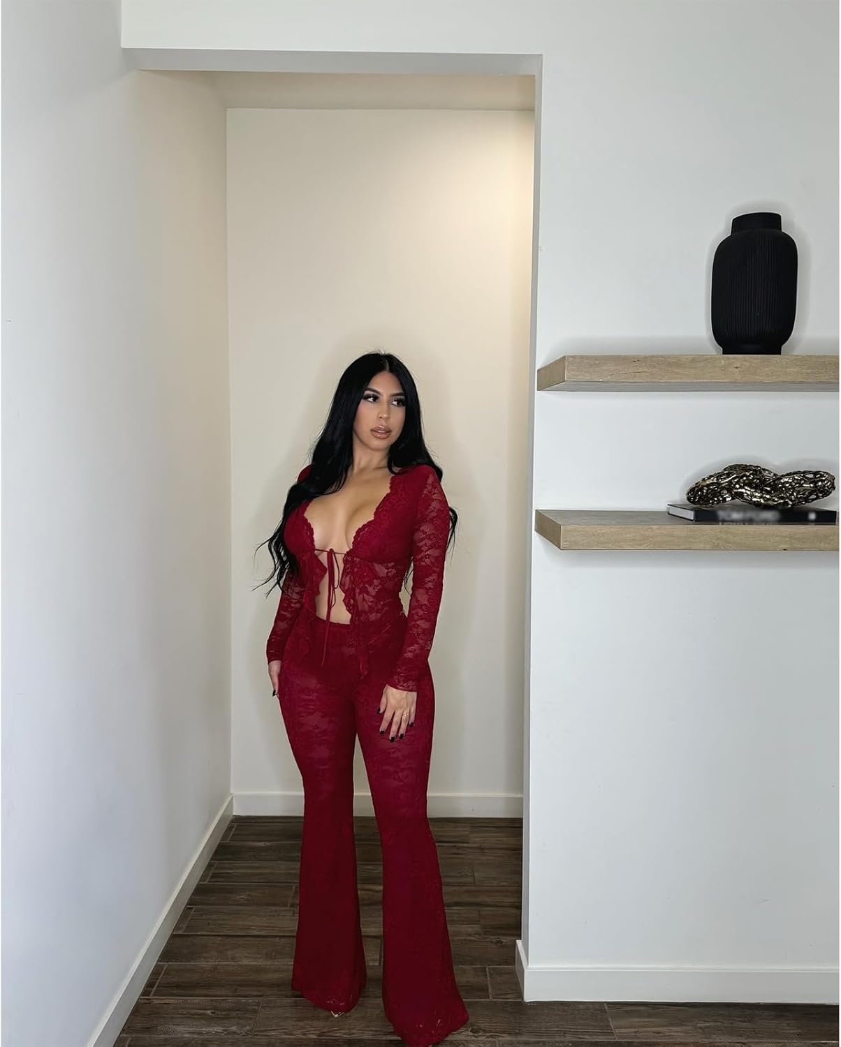 Mandonce 2 Piece Sets for Women Lace Strap Cutout Cardigan and Lace High Waisted Flared Pants Matching Set Sexy Club Outfit