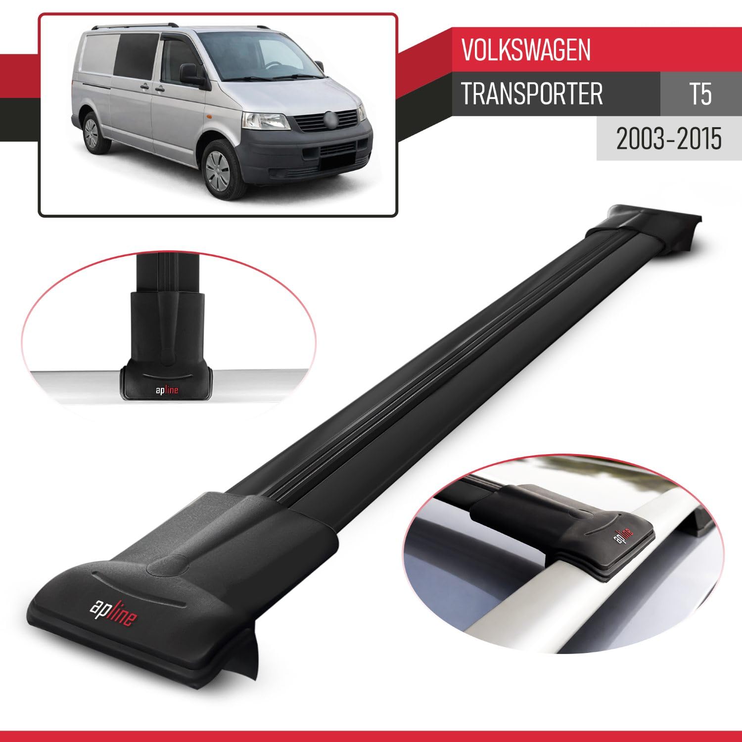 Compatible con Volkswagen Transporter (T5) 2003-2015 Modelo Fly Barra de Techo Auto Portaequipajes Barras Transversales Negro Aluminio 2 Barras