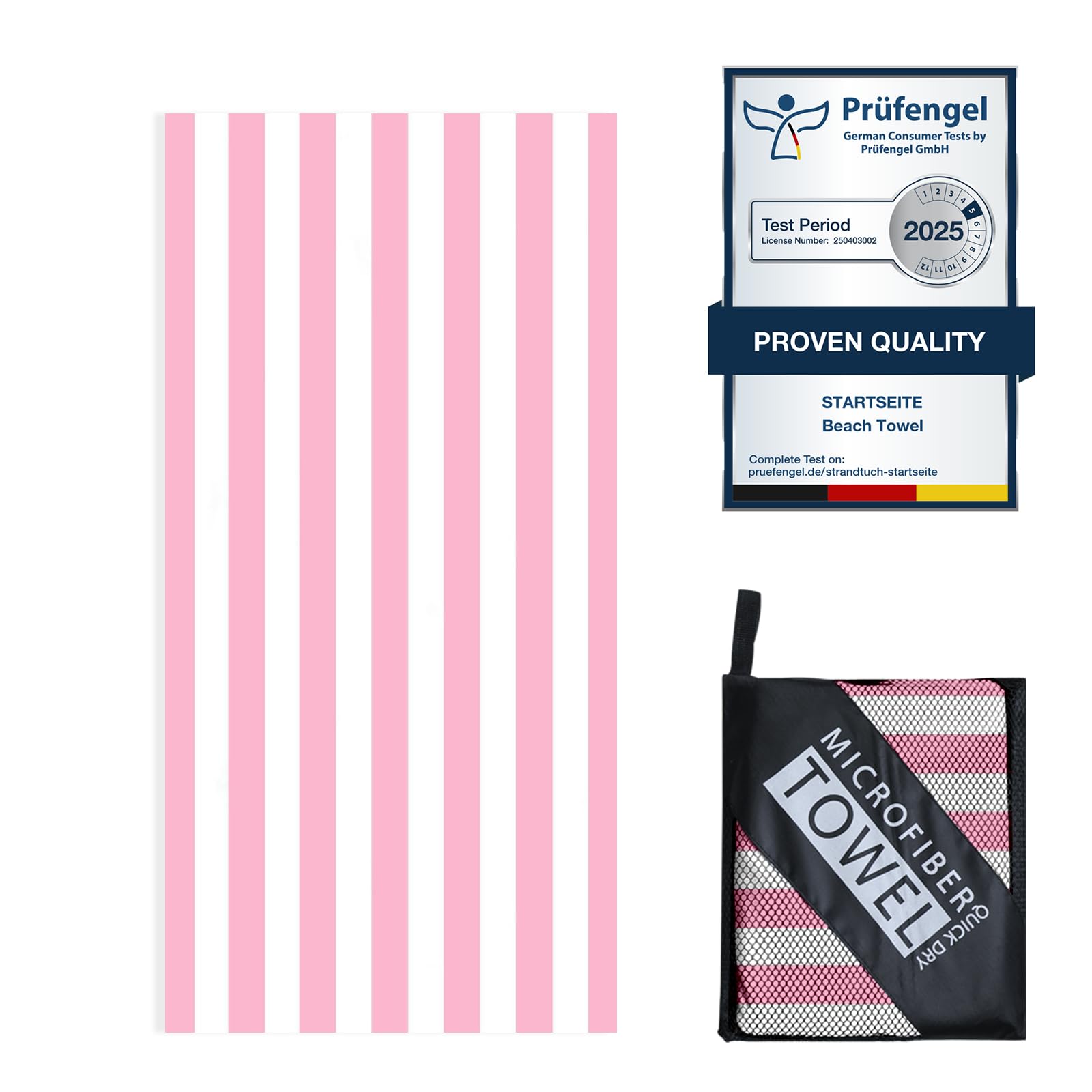 160 x 80 cm Microfibre Towel - Large Size Quick Drying Microfibre Beach Towels for adults, Sand-Free, Absorbentextra large Beach Towels for adults - Includes Storage Bag (Pink and white stripes) โ image 1
