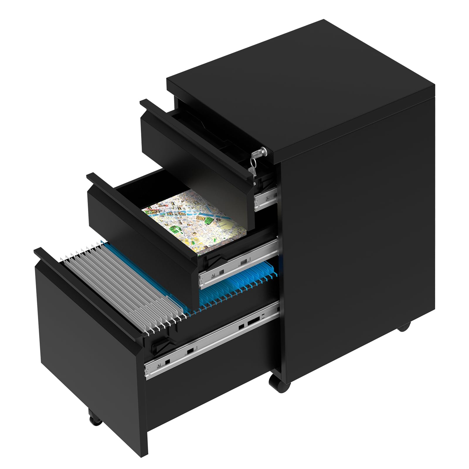 Armadietto a rotelle con 3 cassetti, cassettiera con ruote, armadietto da ufficio, colore: nero