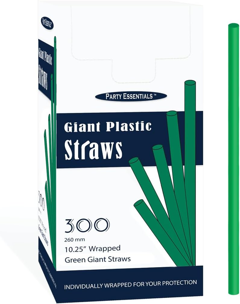 Party Essentials Pack of 300 Disposable Individually Wrapped 10.25 Inches Long Giant Plastic Drinking Straws, Green