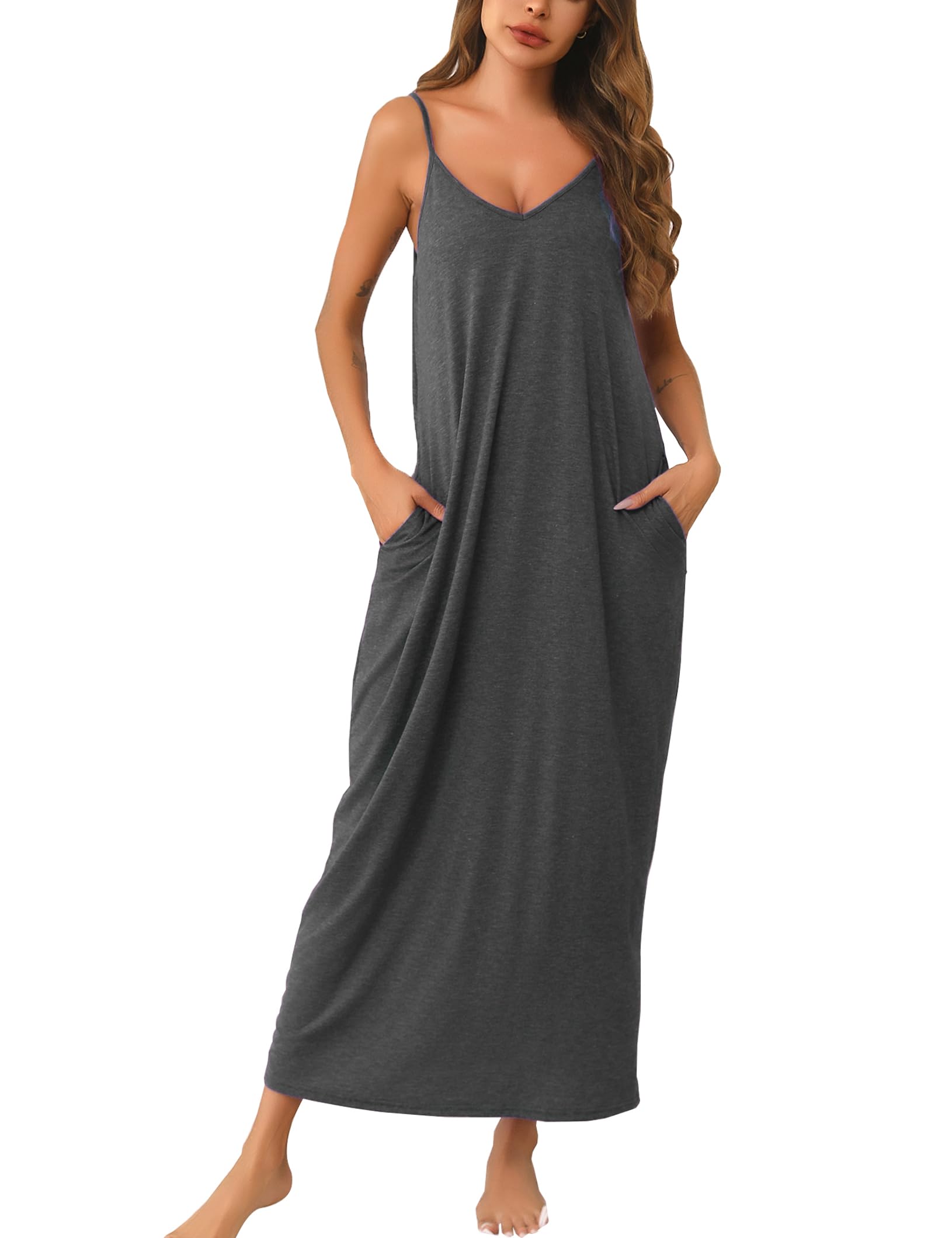 Womens Cotton Long Nightgowns Spaghetti Strap V Neck Full Slip Sleep Shirts with Pockets