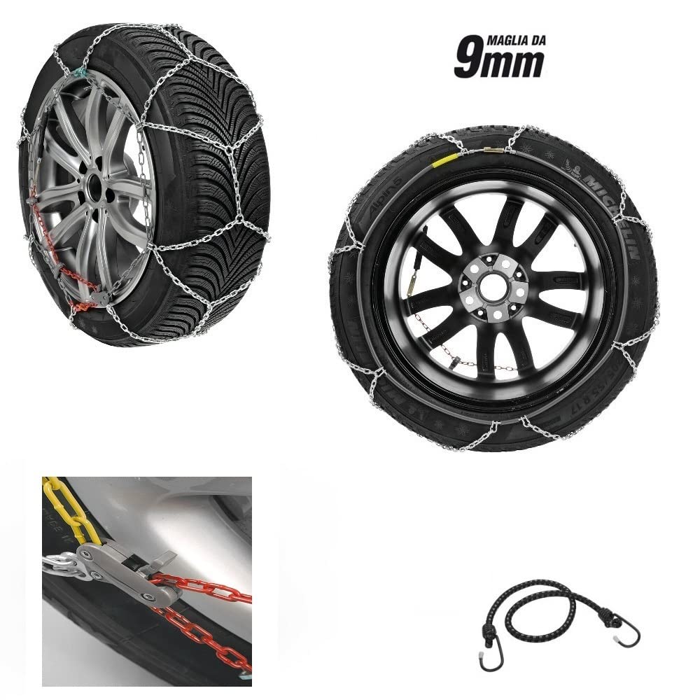 CATENA DA NEVE PER AUTO RUOTA 165/60 14" CERCHIO 14" COPPIA DI CATENE PER PNEUMATICI AUTO MAGLIA 9MM OMOLOGATE SU STRADA GHIACCIO CAVO IN ACCIAIO ANTIRUGGINE