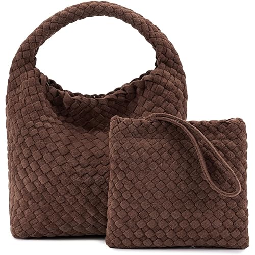 Suede Hobo Bag for Women, Retro Slouchy Tote Bag with Small Pouch Purse Designer Fall Winter Woven Shoulder Handbags