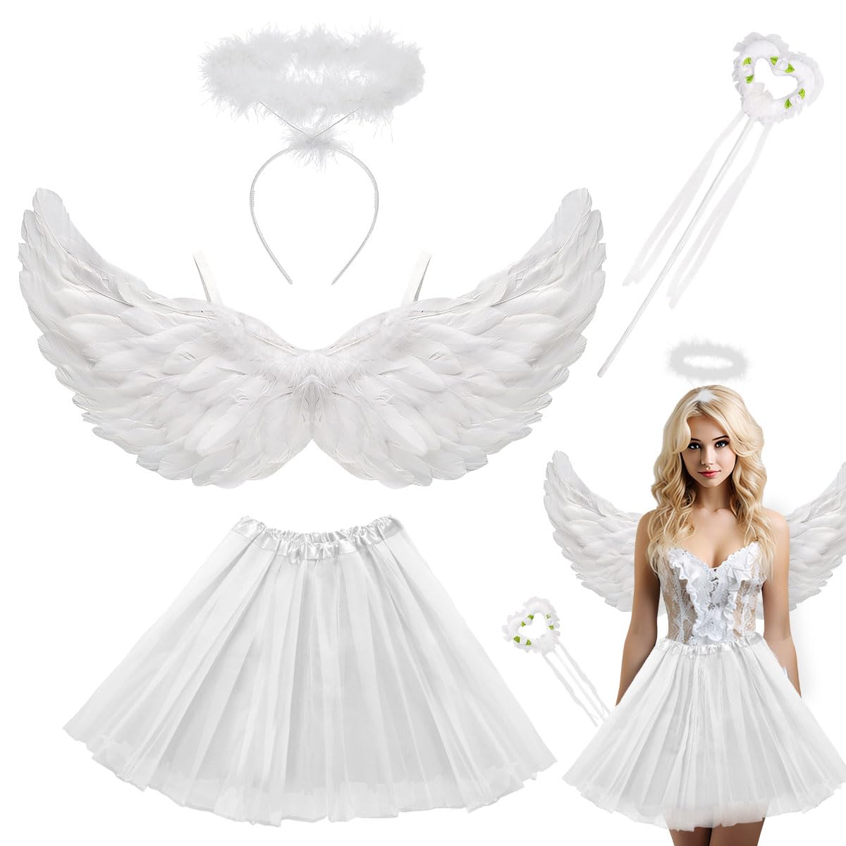 WILDPARTY Angel Costume Women's White Tutu Skirt, Flights, Halo