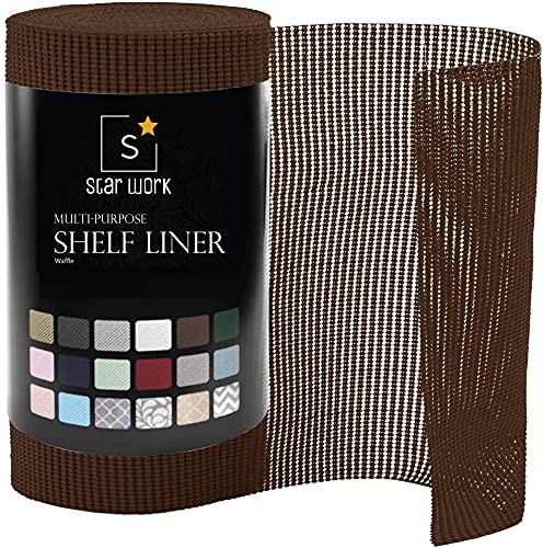 Star Work 30x100 Cms Shelf Liners for Kitchen Shelves | Cabinet Cupboard Sheets | Wardrobe Mat Anti-Skid and Slip Drawer Matting Roll Waterproof Slab Cover with Extra Grip (Chocolate Walnut, Washable)