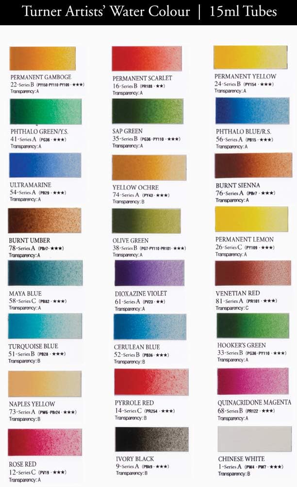 Turner Paint Set Professional Artists' High Pigment Concentrated Watercolor Paint Set [Set Of 24] 15ml Tubes - Assorted Colors