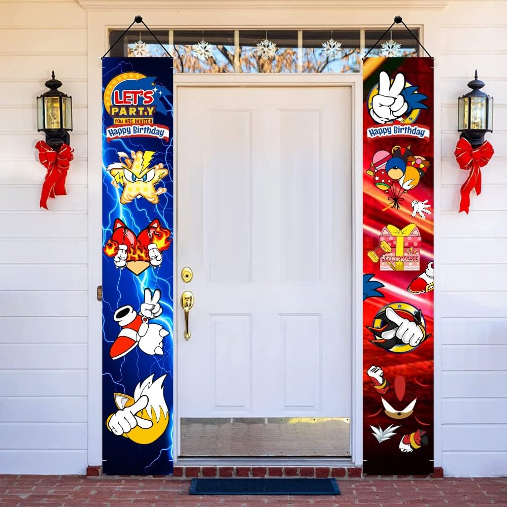 2Pcs Cartoon For Blue HedgehogBirthday Porch Sign Door Hanging Banner Cartoon Birthday Party Supplies for Wall Decorations.