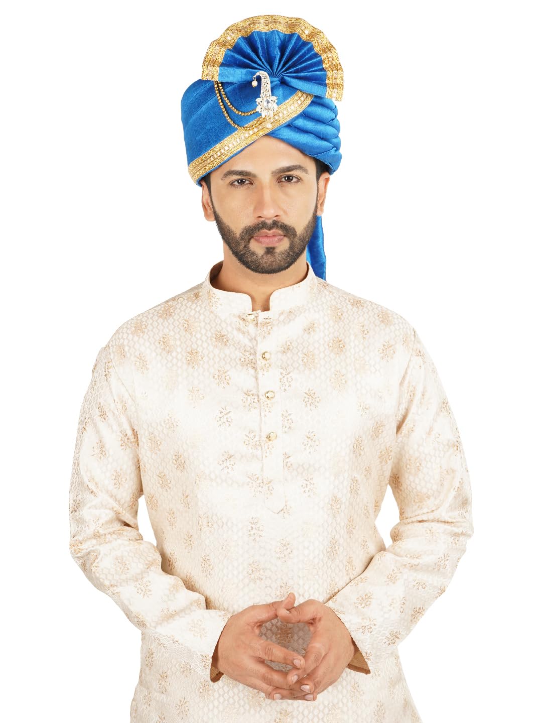 priyakant safawala Men's Traditional Wedding Collection Dupion Handcrafted Safa (Pheta/Pagdi/Turban) For Wedding And Engagement (Sky Blue, Free Size, Adjustable Velcro)-picture-19