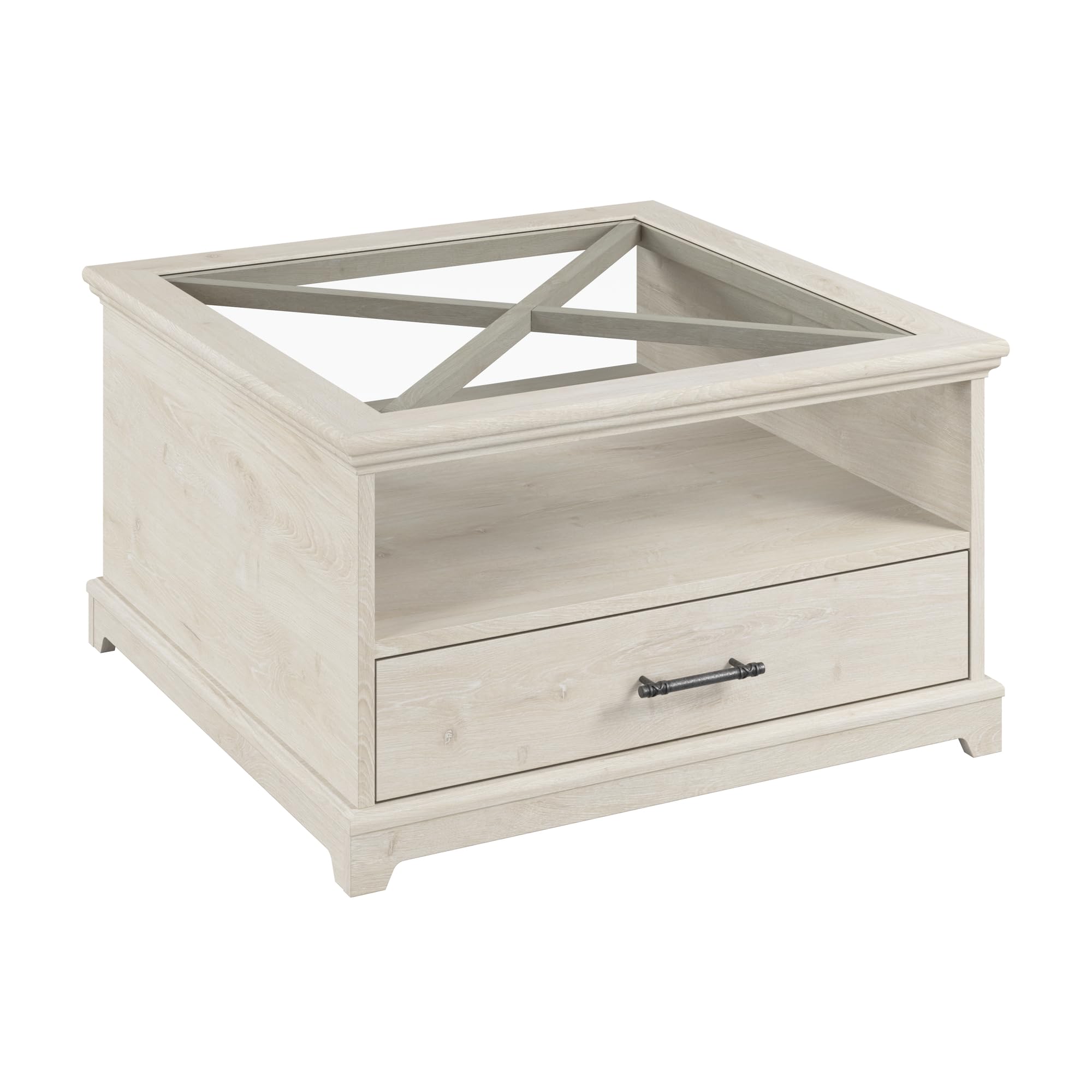 Bush Furniture Lennox Farmhouse Glass Coffee Table with Storage in Linen White Oak | Living Room Organization