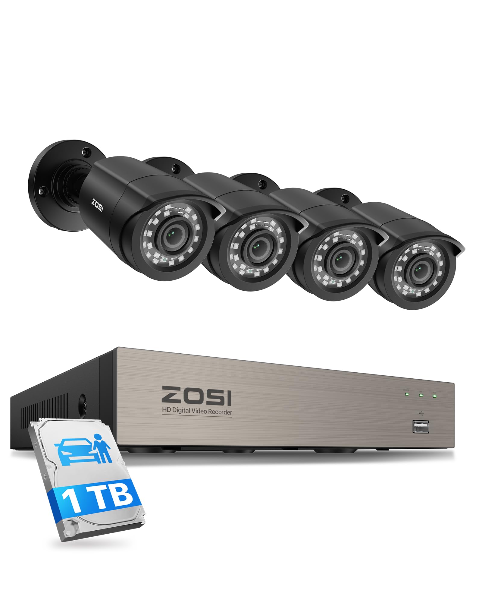 ZOSI 5MP Lite 8CH H.265+ DVR Recorder Video Surveillance Kit with (4) 1080p Outdoor Security Camera, Night Vision, Motion Alarm, 1TB Hard Drive