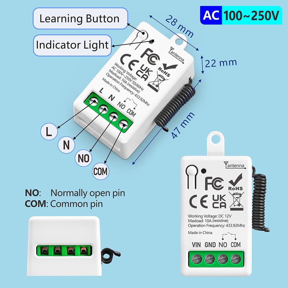 Interruptor de Mando a Distancia Control Remoto Inalámbrico AC 220V, Remote Control Switch con Relés y 2 Transmisores, para Cerraduras de la Puerta de Garaje del Motor y Luces
