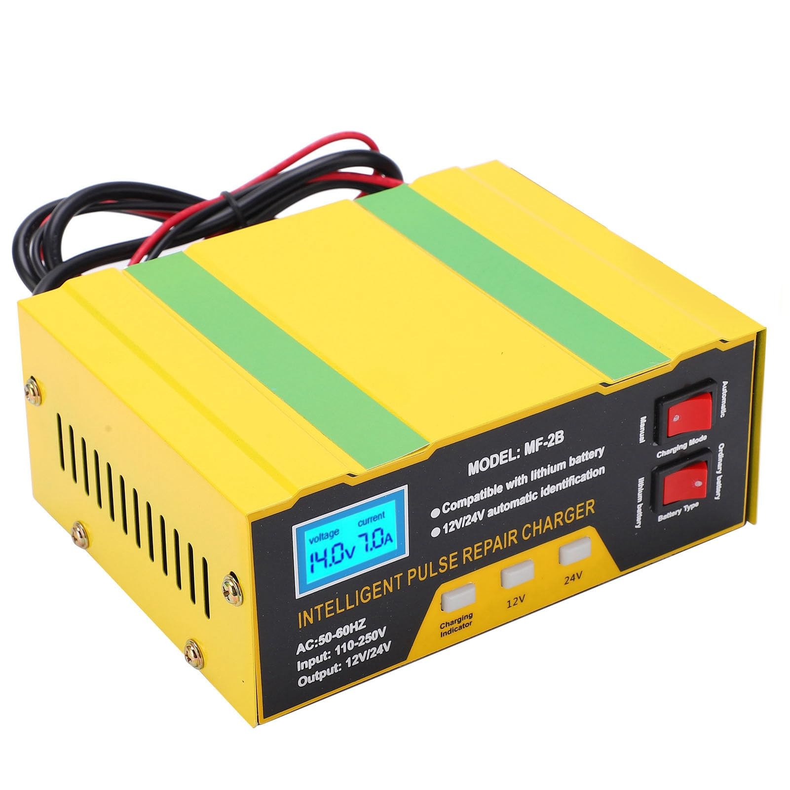 Caricabatterie, Caricabatteria per Auto e Moto da 180 W 12 V 24 V, Guscio in Acciaio Inossidabile Ignifugo Antisismico, con Ventola di Raffreddamento a Temperatura Controllata a (Spina