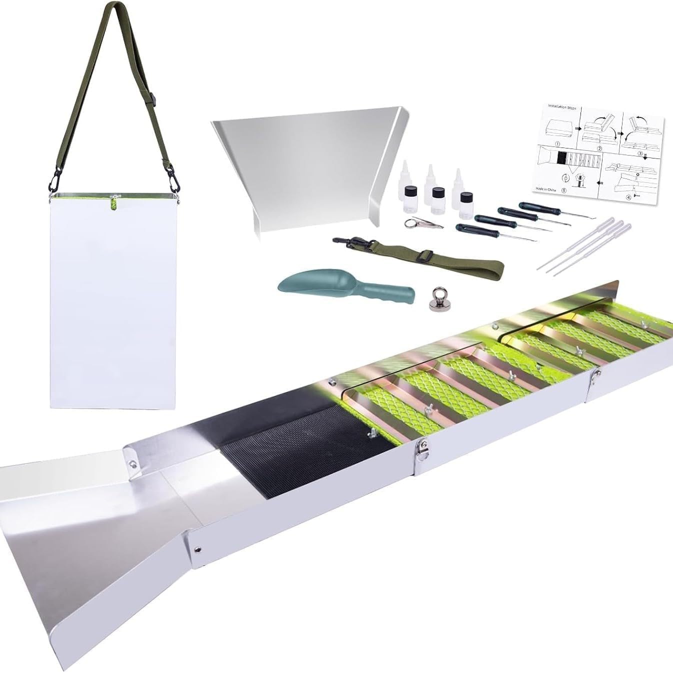 HoldOneLight Sluicebox in lega di alluminio, 127 cm, pieghevole, 17 pezzi, con plettri, lente d'ingrandimento, pipetta e magneti