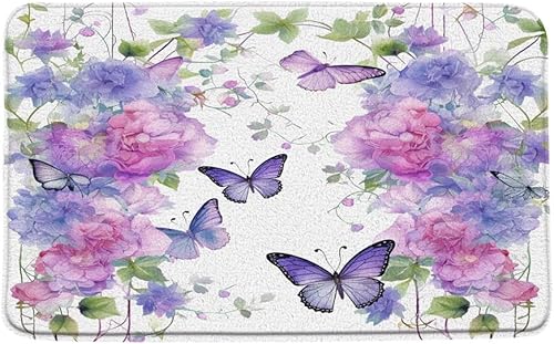 Miniatura 1 de Tapete de baño de flores moradas con mariposas y lavanda, lila, rosa, floral, primavera, naturaleza, microfibra de ensueño, espuma viscoelástica,