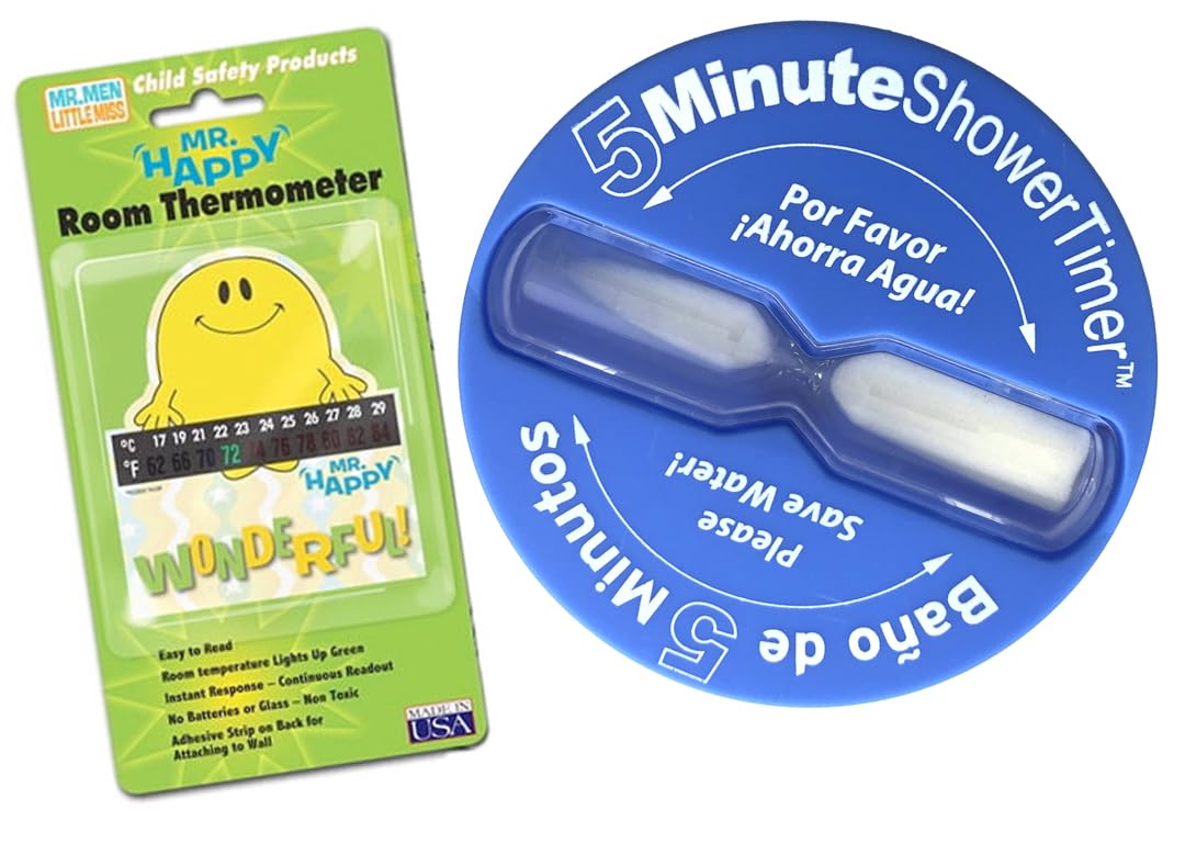 Mr. Men Card & 5 Minute Shower Sand Clock Timer & Happy Room Child Wall Thermometer - Hot Water Saver Five Shorter Timer