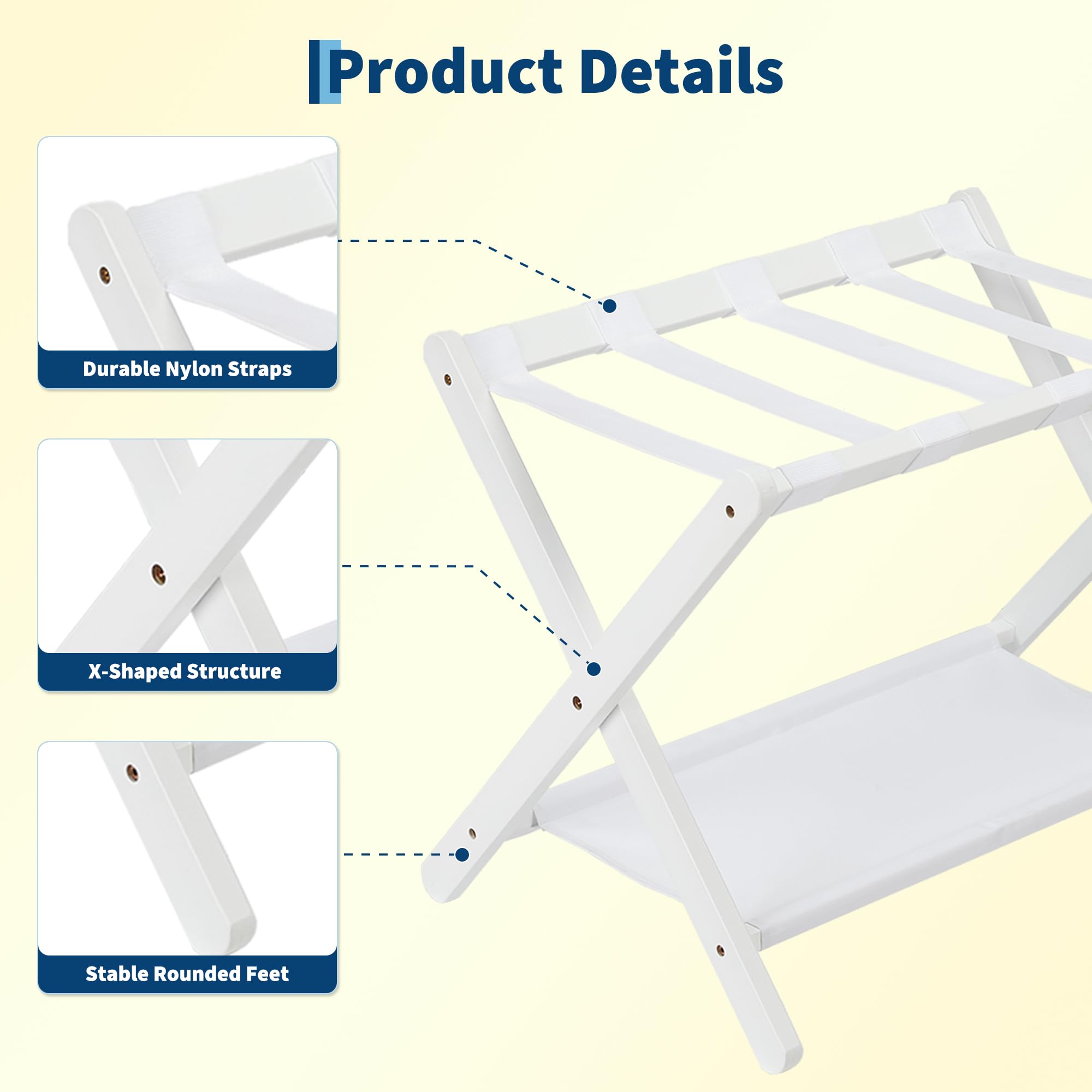 Bambus Gepäckablage Weiß 2er Set, Faltbarer Kofferständer mit Stoffablage für Gästezimmer, Klappbarer Gepäckträger mit Ablagefach, Gepäckständer 67x47x51cm 5,6kg