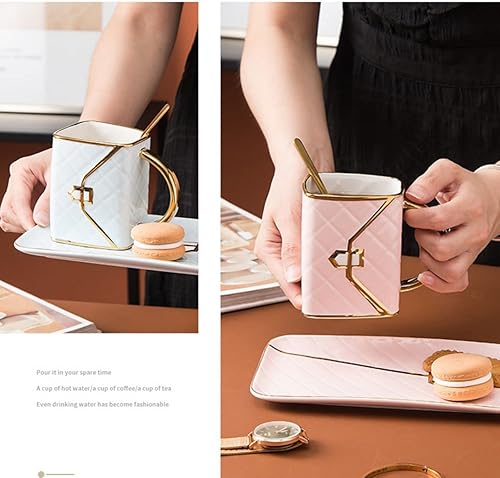 Miniatura 3 de LmlJoo Taza creativa y adorable en forma de bolso con platillo y cuchara dorada para disfrutar del té, jugo, leche, chocolate caliente o capuchino
