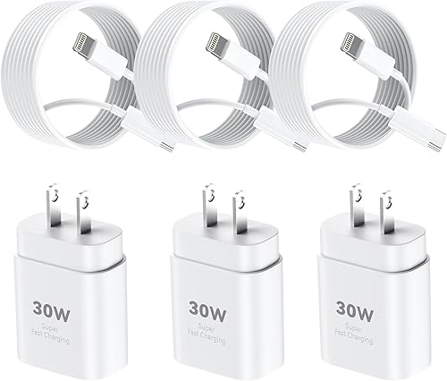DiHines Paquete de 3 cargadores USB C a Lightning de 30 W, cable extralargo de 6.6 pies, carga rápida para iPhone 14/13/12/11 Pro Max, 14 Plus,