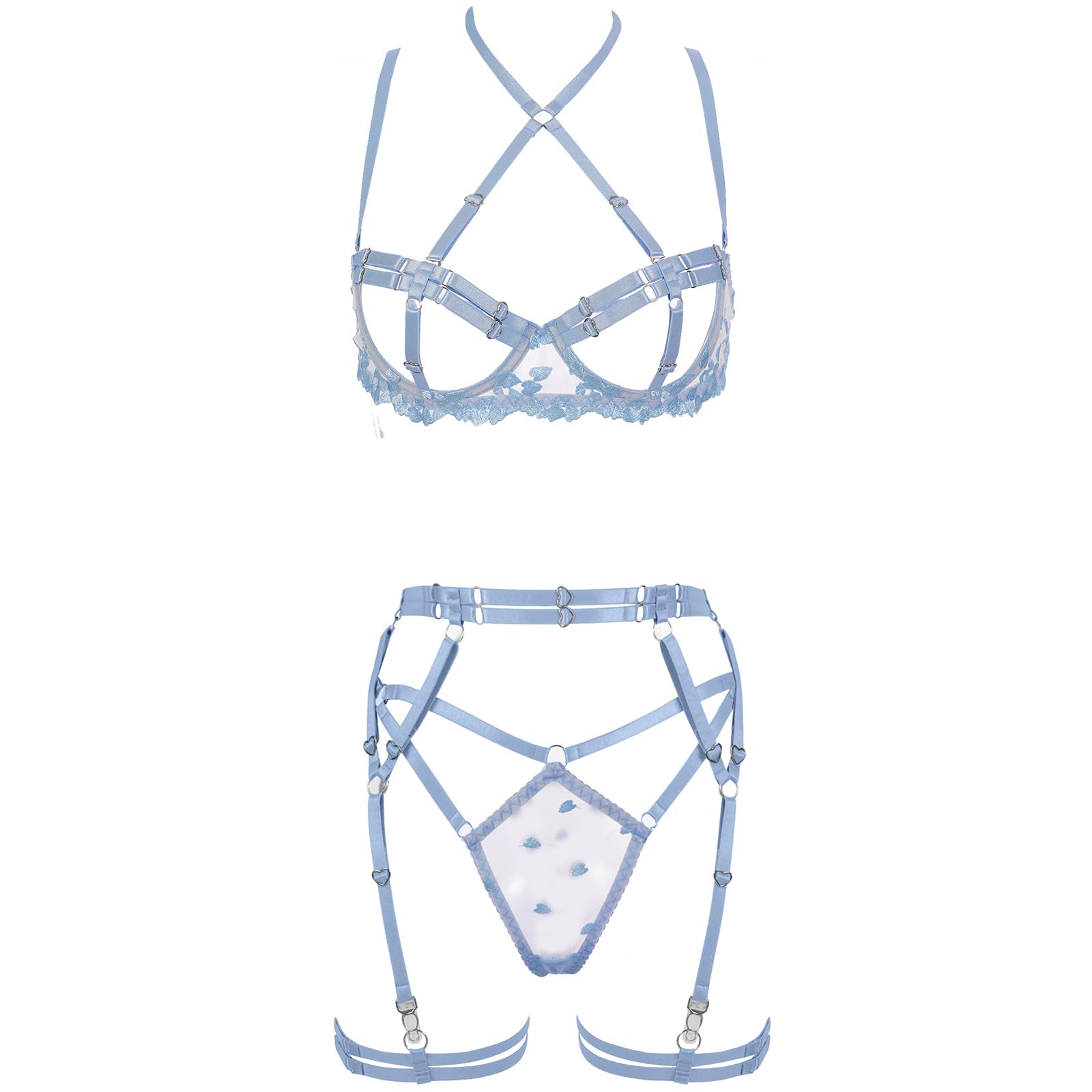 YANZIYAN Women's Strappy 4-Piece Lingerie Set Punk Body Harness Garter Belts Gothic Festival Wear bras, Light Blue, S