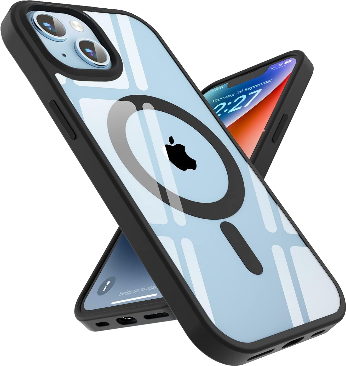 EGOTUDE Ultra-Hybrid Magnetic Basic Case Cover with Built in Magnets Compatible with Mag For iPhone 14 / iPhone 13 (Polycarbonate, Transparent Back) (Black)