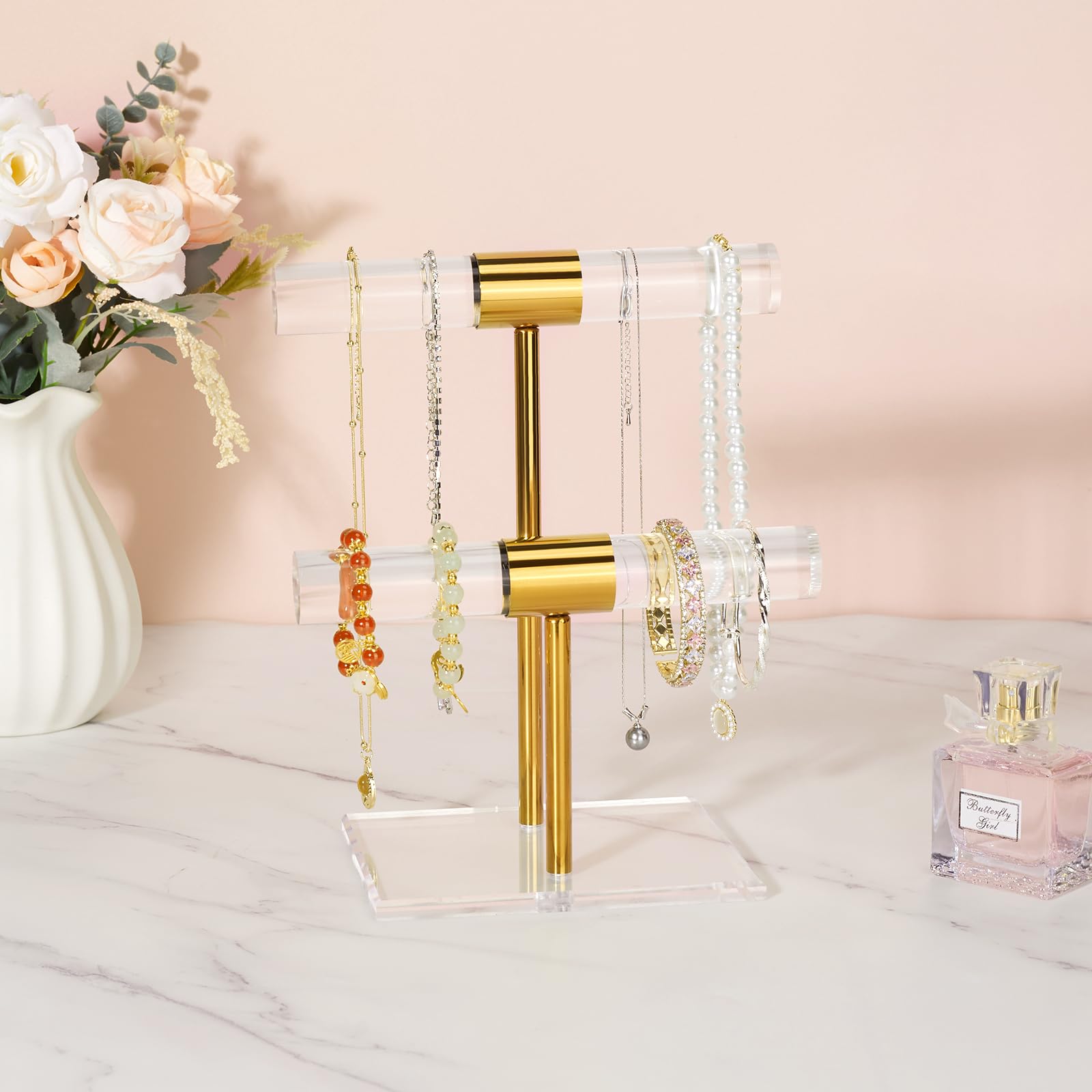Jolboldy Necklace Holder Bracelet Holder, 2-Tier Acrylic Jewelry Display Stand Gold Jewelry Tower Stand Crystal T Bar Jewelry Organizer Gift for Women(2-Tier 1pc)