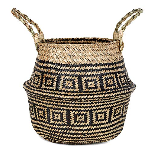 BlueMake Woven Seagrass Plant Basket with Handles,for Laundry, Picnic,Decorative Living,Laundry Room and Bedroom(Black Cross,Medium)