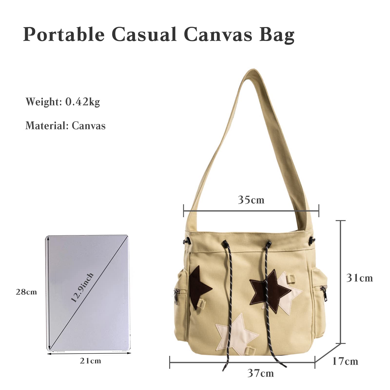 Canvas Schultertasche Kordelzug Handtasche Große Kapazität Henkeltaschen Casual Umhängetasche Mode Tragetasche Multifunktionale Tote Beutel Arbeit Reise Shopper Henkeltasche Khaki