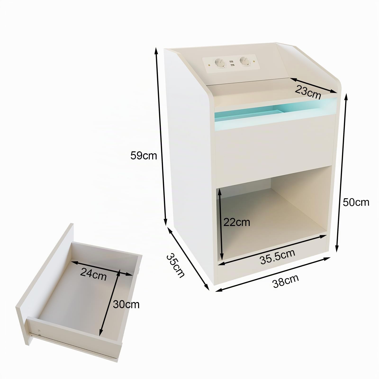 DATO Mesita de noche con iluminación LED y estación de carga (2 enchufes CA, 2 puertos USB), mesilla de noche con cajones, mesa auxiliar moderna, mesa de sofá para salón dormitorio (NS19)