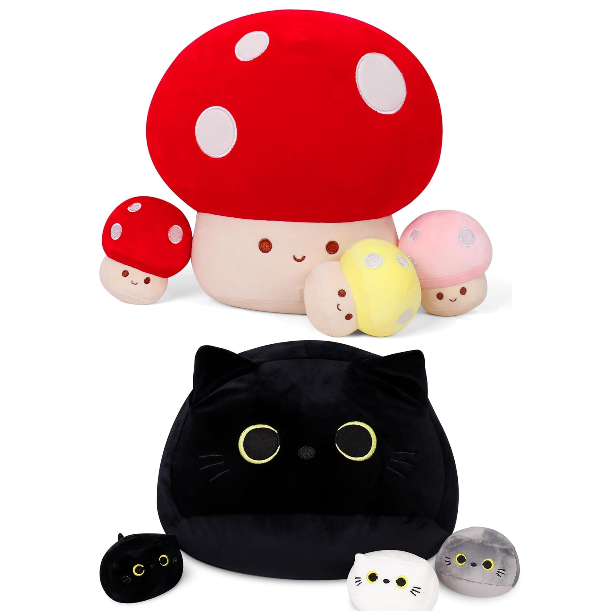 4PCS Mushroom Plush 12 Inch Mushroom Plush Pillow with 3 Babies 4PCs Black Cat Plush Toy 16 Black