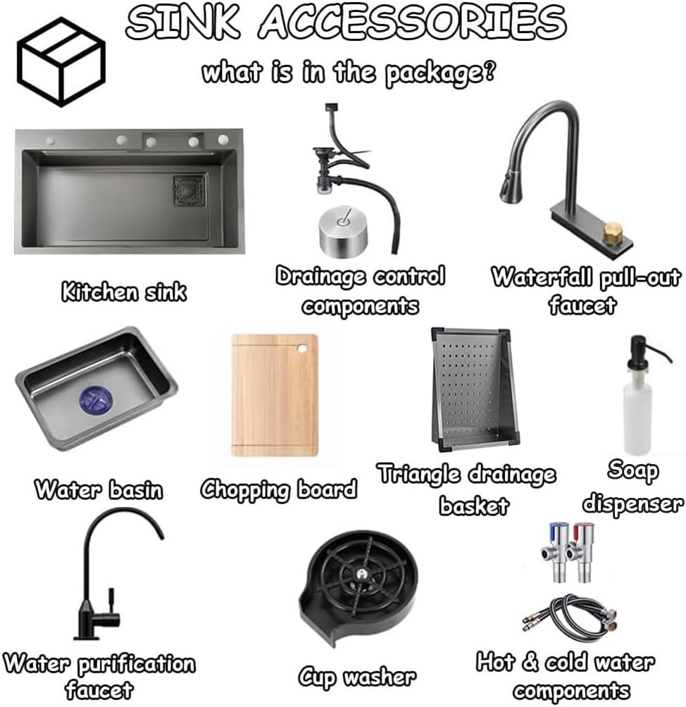 Black Stainless Steel Nano Undermount/Drop in Waterfall Single Bowl Kitchen Sink With Pull-Out Faucet,Knob Control Workstation Sink Cup Washer,Drainage Basket & Accessories (33.5 * 17.7 * 8.3in)