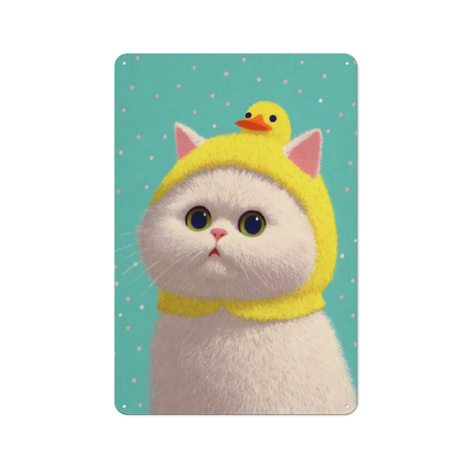 Junmoney Cute Cat With Duck Hat Metal Wall Sign With Design 30X20cm, Garage Style Industrial Wall Art For Garage, Hobby Room, Office Or Man Cave