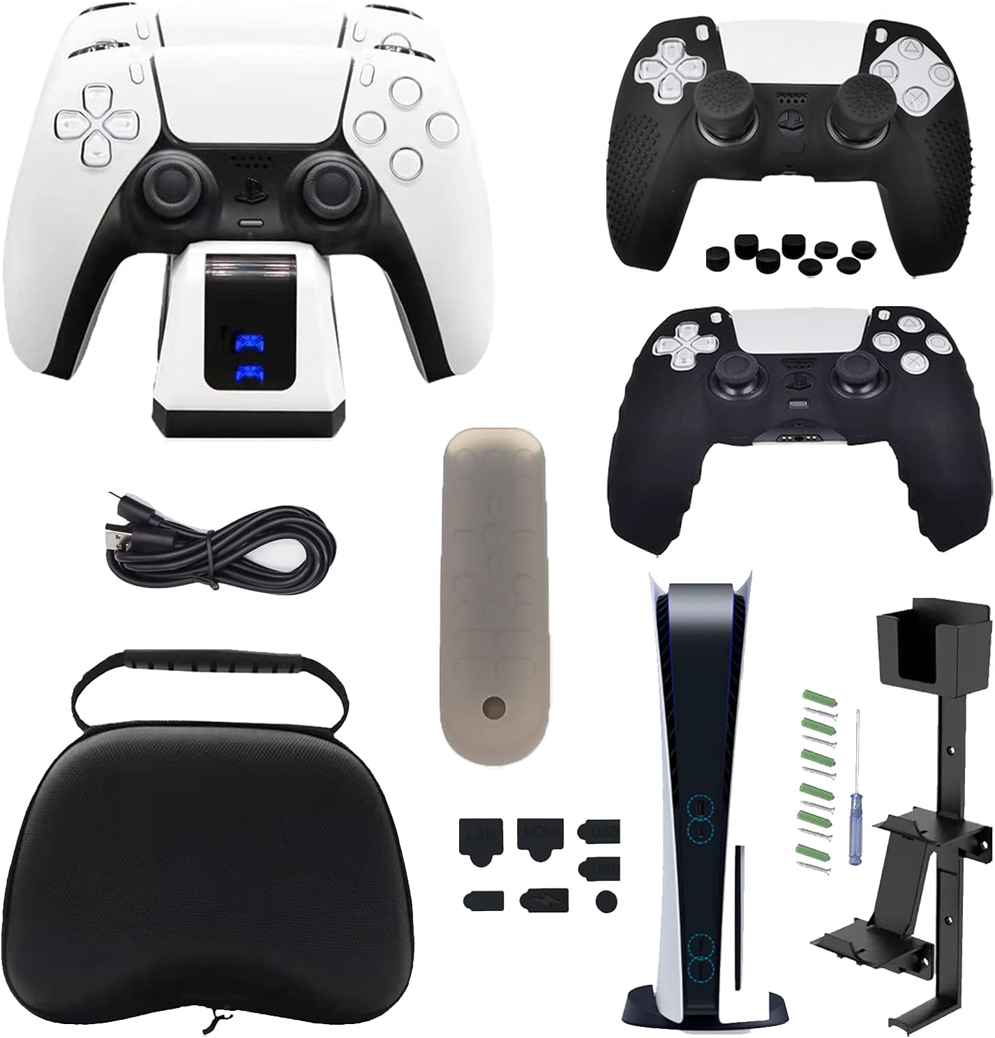 Bibolic PS5 Accessorys Kit - Bundle Accessories for Playstation 5, Controller Charger, Carrying Case, Silicone Case, Thumb Caps, Dust Plugs, Wall Mount Holder Set and More(21 in 1)