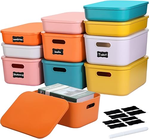 10 contenedores de almacenamiento de 14 pulgadas, multicolores de 9.7 pulgadas, con etiqueta de asa de tapa y marcador para organizar estantes de