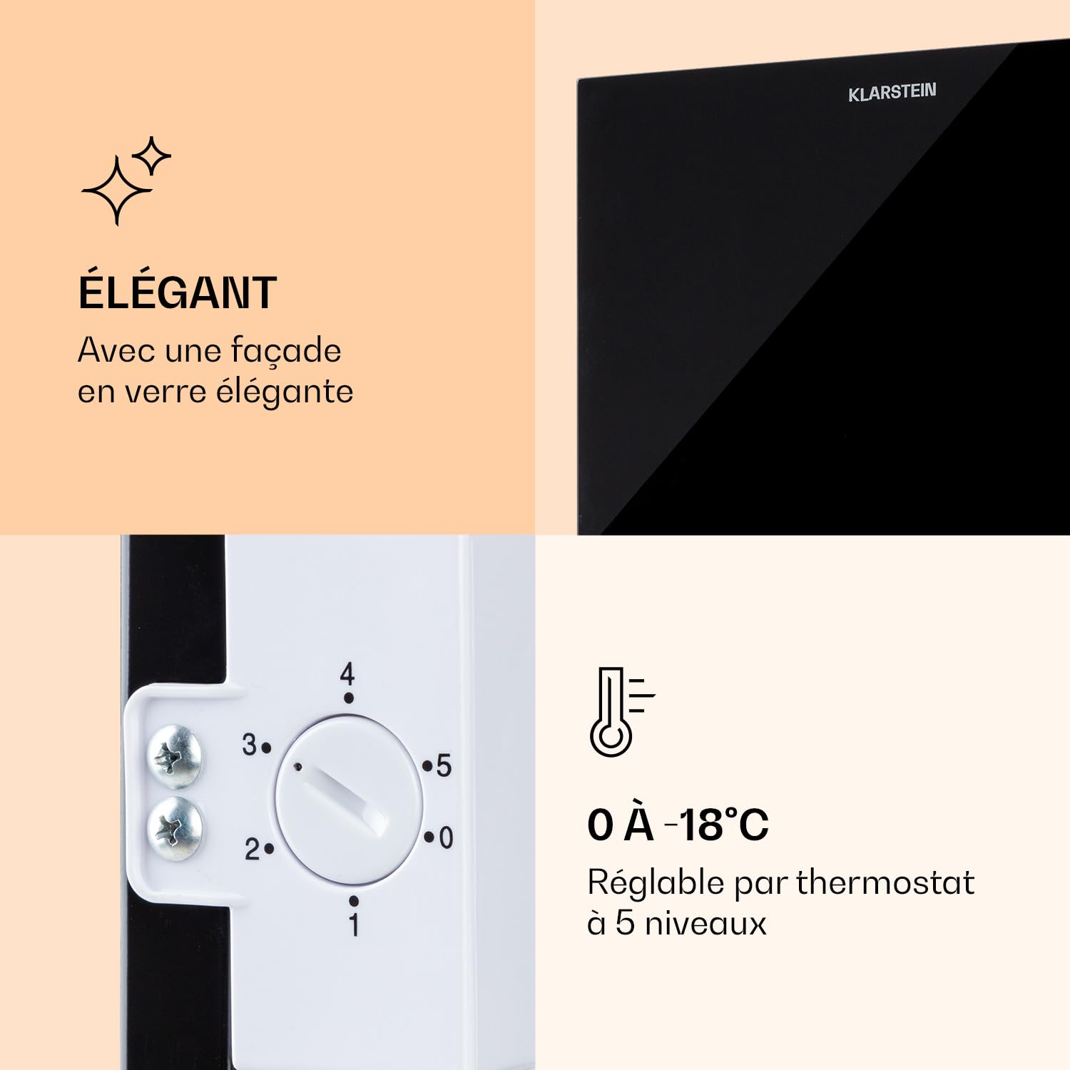 KLARSTEIN Pluto – congélateur 1 zone de refroidissement, thermostat à 5 niveaux, 0 à -18 ° C, avec façade en verre, pieds réglables en hauteur, silencieux, volume 60 litres - noir