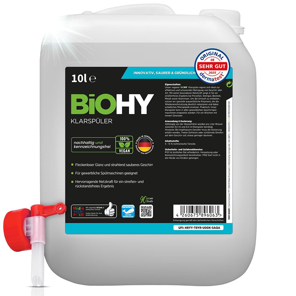 BiOHY Abrillantador (Bidón de 10 litros) + Grifo de Salida | Apto para todos los lavavajillas | para un brillo inmejorable en los vasos y platos sin manchas de agua (Klarspüler)
