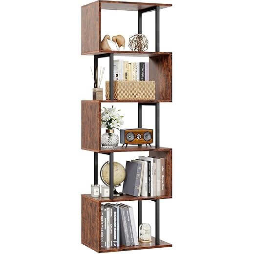 Furologee 6 Tier Bookshelf, Tall S Shaped Geometric Bookcase, Modern Display Shelf Standing Unit, Wood Metal Decorative Divider Rack for Living Room Bedroom Office, Rustic Brown | Tall, Bookcase, Display, Book Shelf, Decorative, Bookshelves