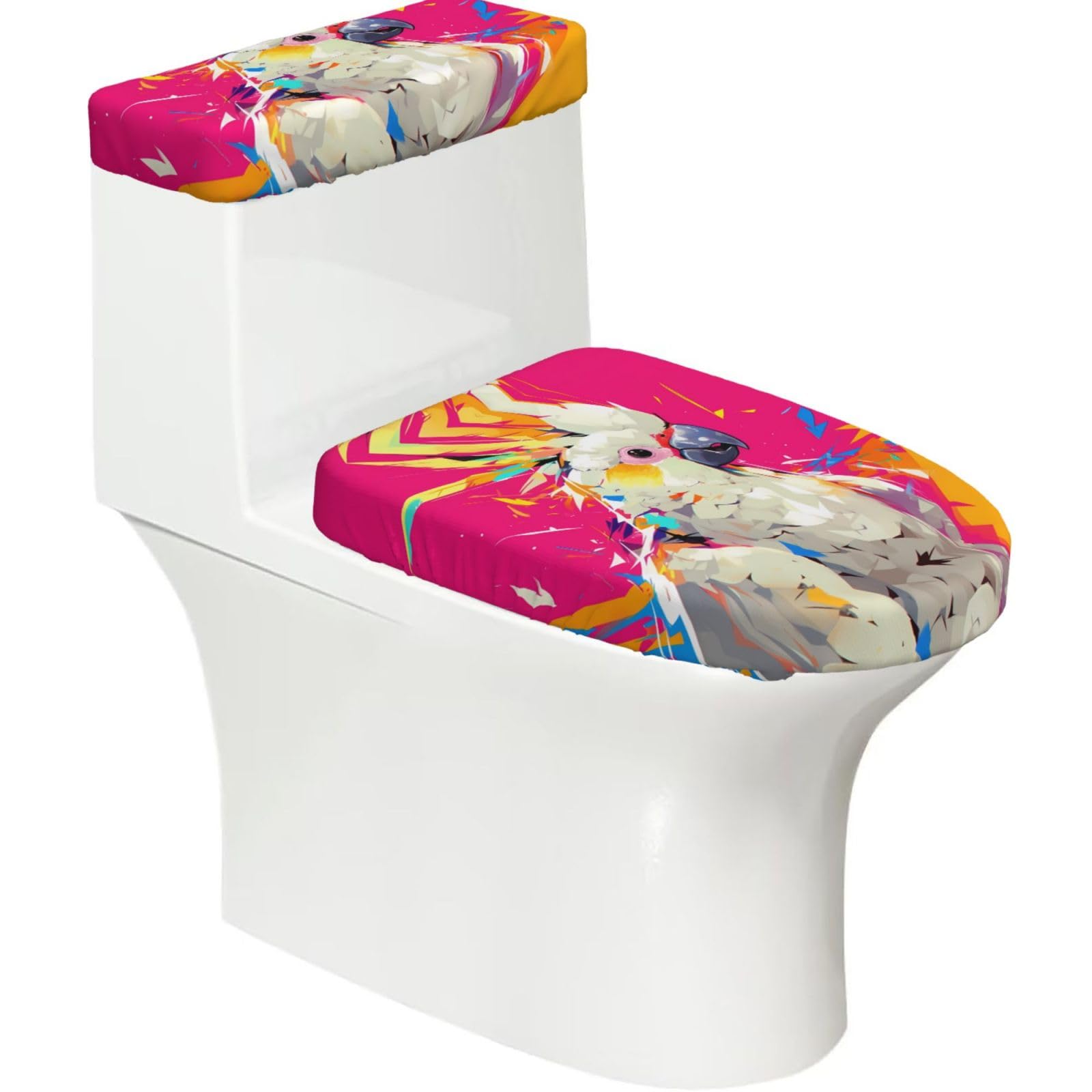 Colorful Parrots 2-Piece Toilet Seat Cover Set with Tank Lid - Elastic for U-Shape & Elongated - Bathroom Decor