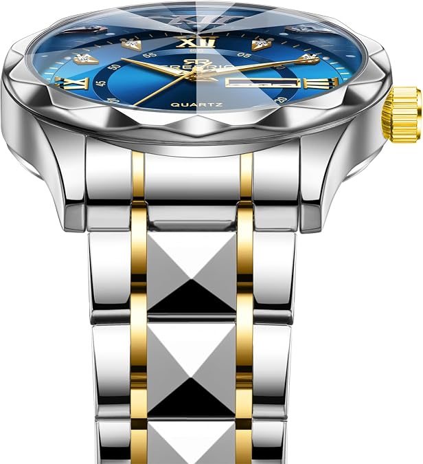 Watch for Men Stainless Steel Waterproof Diamond Business Dress Analog Quartz Luminous Date Two Tone Luxury Casual Wrist Watch